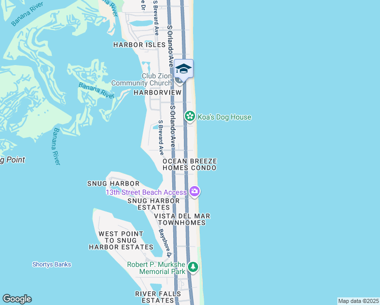 map of restaurants, bars, coffee shops, grocery stores, and more near 1081 Florida A1A in Cocoa Beach
