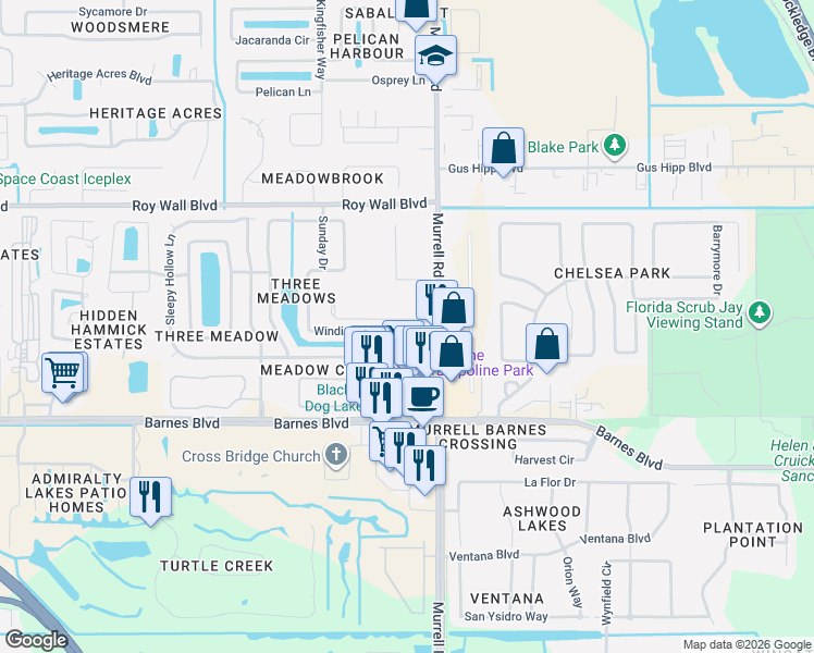 map of restaurants, bars, coffee shops, grocery stores, and more near 1246 Winding Meadows Road in Rockledge