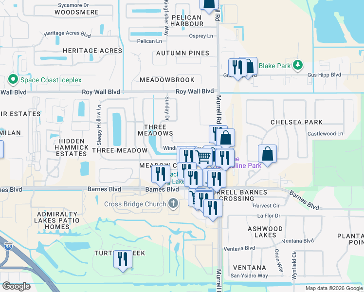 map of restaurants, bars, coffee shops, grocery stores, and more near 3600 Murrell Road in Rockledge