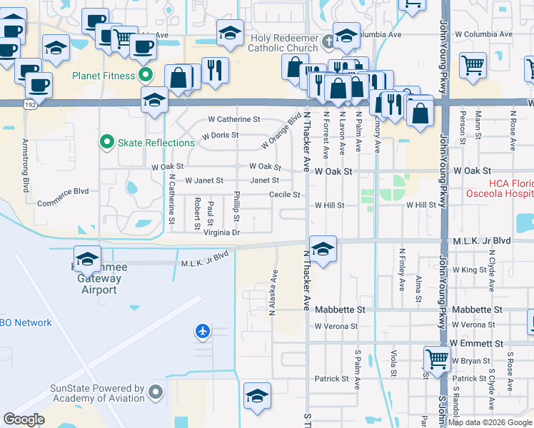 map of restaurants, bars, coffee shops, grocery stores, and more near 2045 Boca Palms Circle in Kissimmee