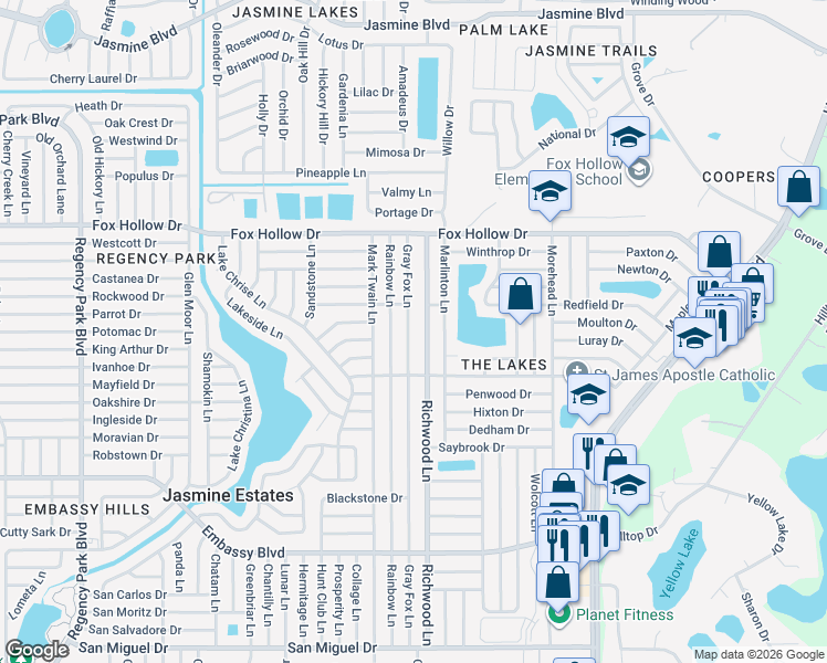 map of restaurants, bars, coffee shops, grocery stores, and more near 9730 Gray Fox Lane in Port Richey