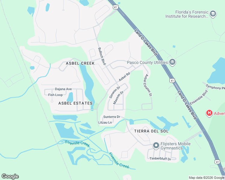 map of restaurants, bars, coffee shops, grocery stores, and more near 9705 Simeon Drive in Land O' Lakes