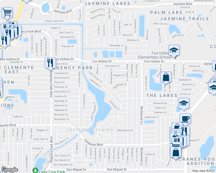 map of restaurants, bars, coffee shops, grocery stores, and more near 9725 Lake Chrise Lane in Port Richey