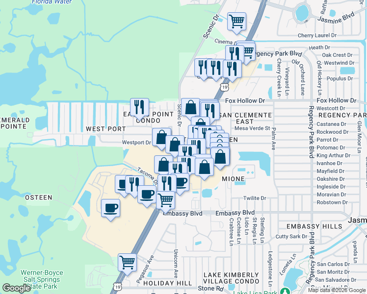 map of restaurants, bars, coffee shops, grocery stores, and more near 9721 U.S. 19 in Port Richey