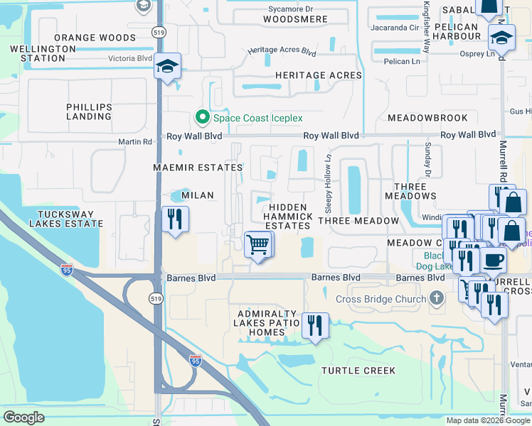map of restaurants, bars, coffee shops, grocery stores, and more near 1364 Indian Oaks Boulevard in Rockledge