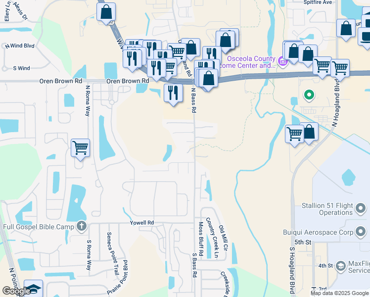 map of restaurants, bars, coffee shops, grocery stores, and more near 750 N Bass Rd in Kissimmee