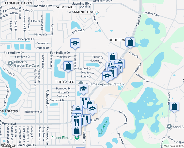 map of restaurants, bars, coffee shops, grocery stores, and more near 8514 Redfield Drive in Port Richey