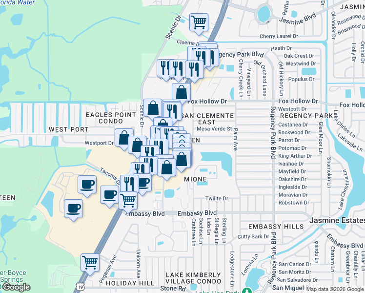 map of restaurants, bars, coffee shops, grocery stores, and more near 6705 Stock Street in Port Richey