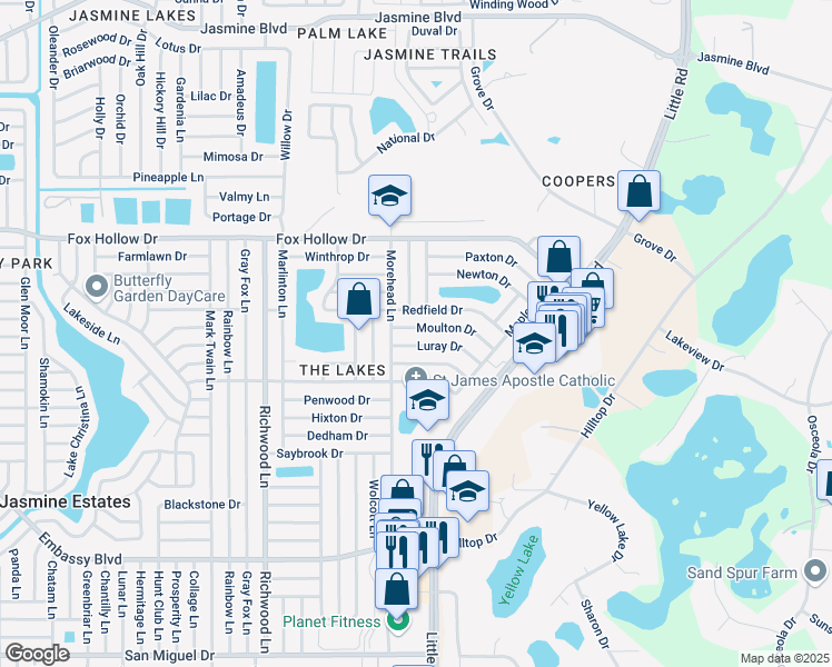 map of restaurants, bars, coffee shops, grocery stores, and more near 8317 Moulton Drive in Port Richey
