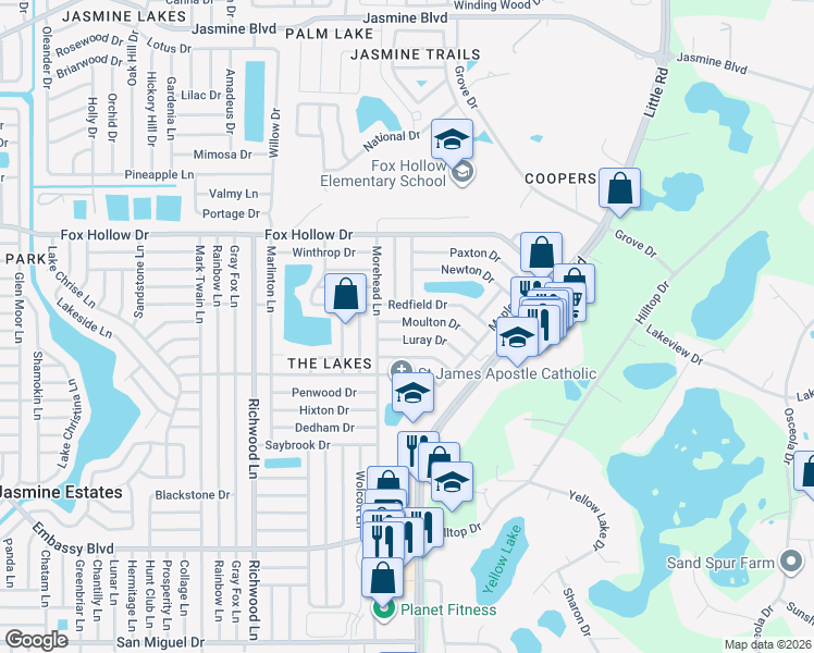 map of restaurants, bars, coffee shops, grocery stores, and more near 8336 Moulton Drive in Port Richey