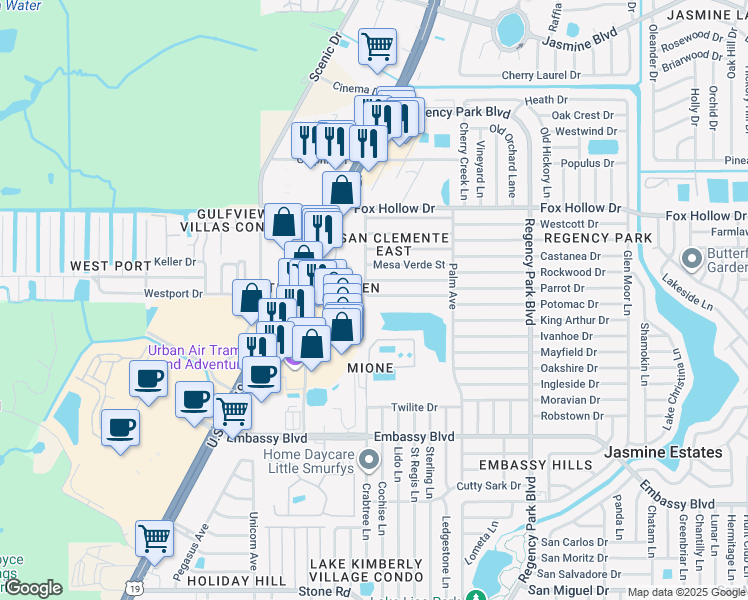 map of restaurants, bars, coffee shops, grocery stores, and more near 6740 El Camino Paloma Avenue in Port Richey