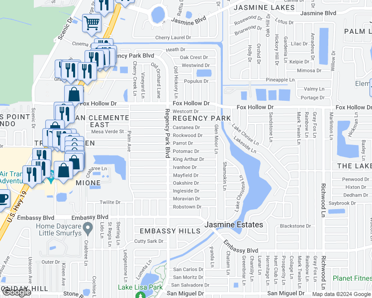 map of restaurants, bars, coffee shops, grocery stores, and more near 7301 Potomac Drive in Port Richey