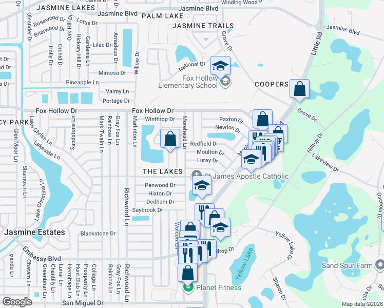 map of restaurants, bars, coffee shops, grocery stores, and more near 8320 Moulton Drive in Port Richey