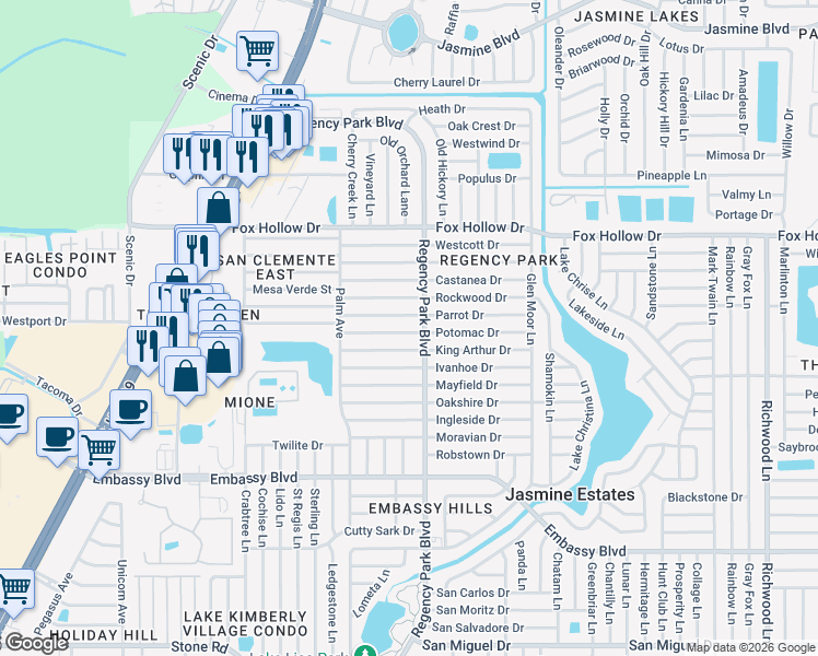 map of restaurants, bars, coffee shops, grocery stores, and more near 7130 Parrot Drive in Port Richey