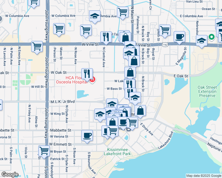 map of restaurants, bars, coffee shops, grocery stores, and more near 300 West Bass Street in Kissimmee