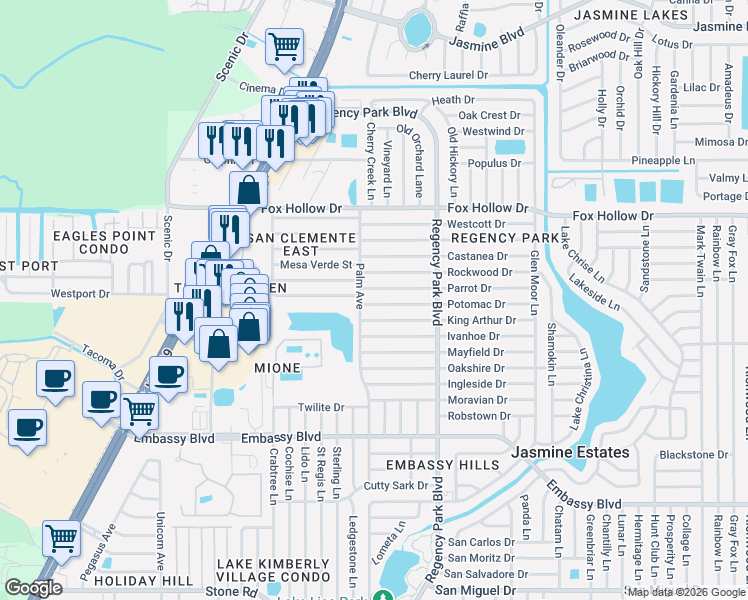 map of restaurants, bars, coffee shops, grocery stores, and more near 7030 Parrot Drive in Port Richey