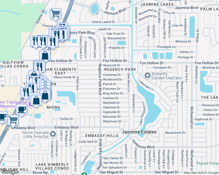 map of restaurants, bars, coffee shops, grocery stores, and more near 7220 Parrot Drive in Port Richey