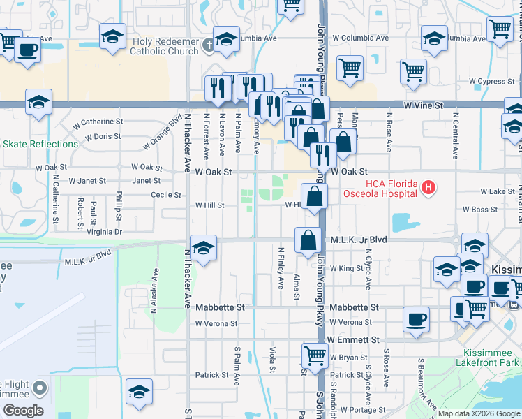 map of restaurants, bars, coffee shops, grocery stores, and more near 1520 West Hill Street in Kissimmee