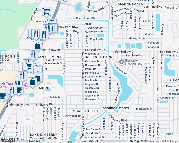 map of restaurants, bars, coffee shops, grocery stores, and more near 7231 Potomac Drive in Port Richey