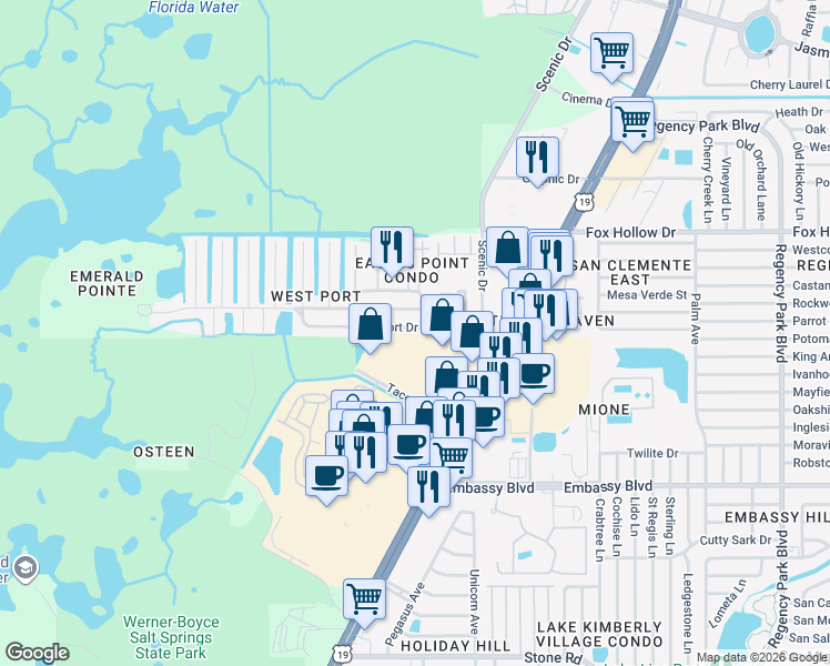 map of restaurants, bars, coffee shops, grocery stores, and more near 6314 Westport Drive in Port Richey