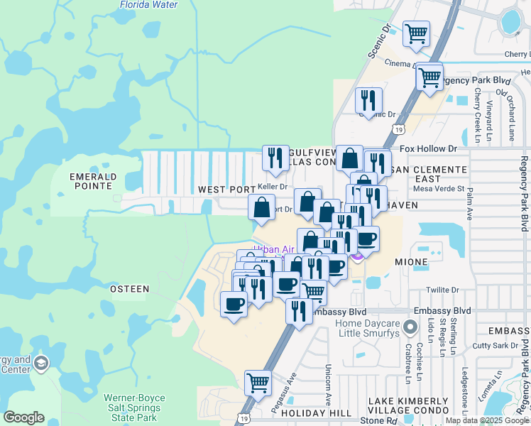 map of restaurants, bars, coffee shops, grocery stores, and more near 6220 Westport Drive in Port Richey