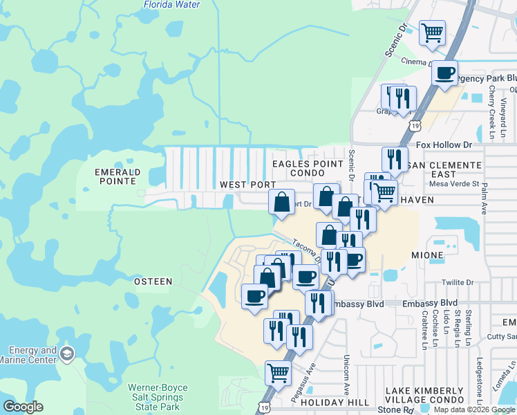 map of restaurants, bars, coffee shops, grocery stores, and more near 6124 Westport Drive in Port Richey
