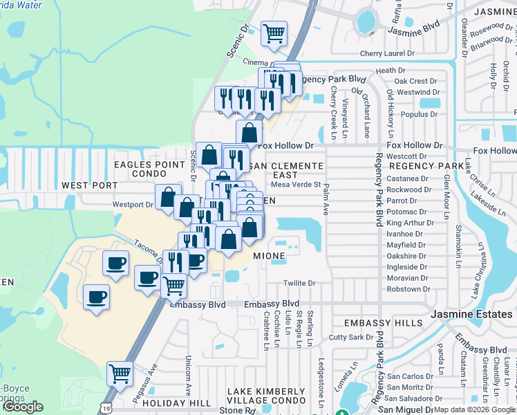map of restaurants, bars, coffee shops, grocery stores, and more near 6705 Stock Street in Port Richey