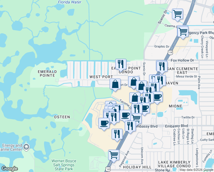 map of restaurants, bars, coffee shops, grocery stores, and more near 6124 Westport Drive in Port Richey