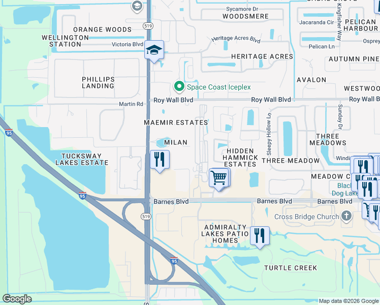 map of restaurants, bars, coffee shops, grocery stores, and more near 803 Lorenza Place in Rockledge