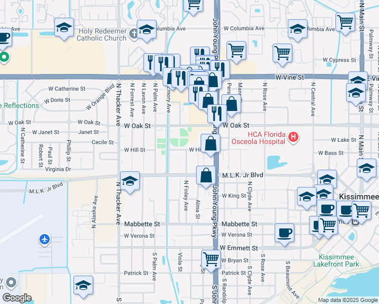 map of restaurants, bars, coffee shops, grocery stores, and more near 725 North Lincoln Street in Kissimmee