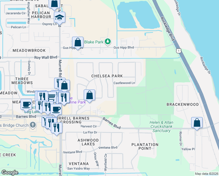 map of restaurants, bars, coffee shops, grocery stores, and more near 386 Brookcrest Circle in Rockledge