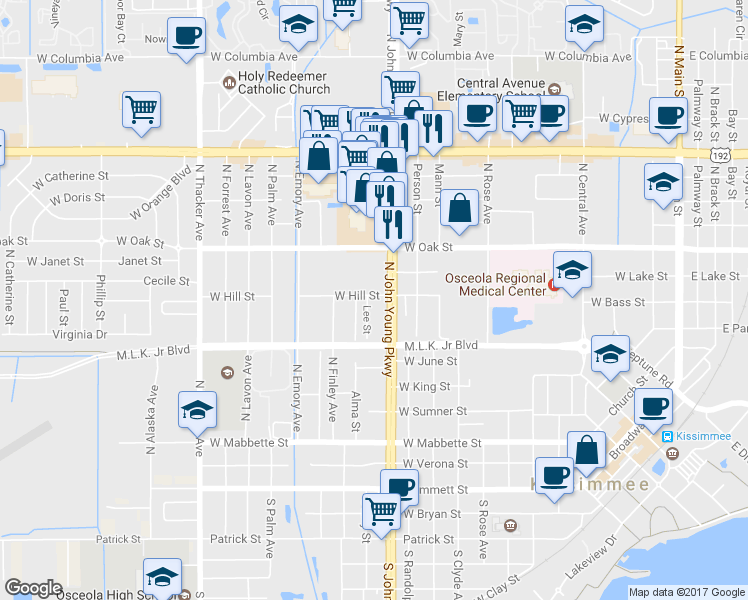 map of restaurants, bars, coffee shops, grocery stores, and more near 721 Lee Street in Kissimmee