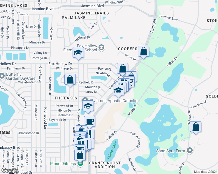 map of restaurants, bars, coffee shops, grocery stores, and more near 9731 Mapleton Lane in Port Richey