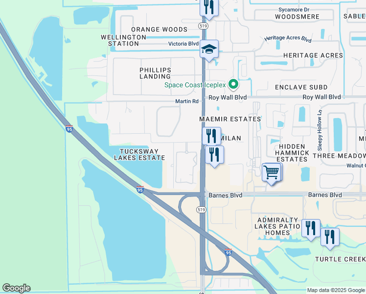 map of restaurants, bars, coffee shops, grocery stores, and more near 3604 Middleburg Lane in Rockledge