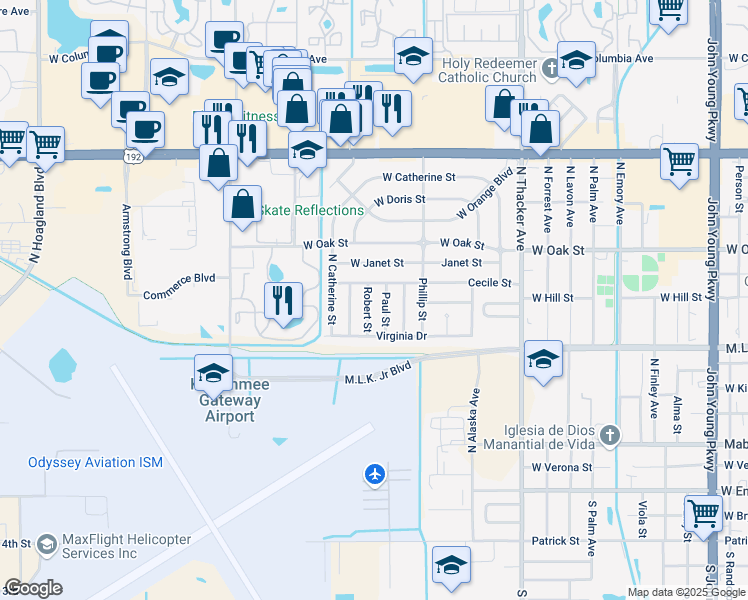 map of restaurants, bars, coffee shops, grocery stores, and more near 709 Robert Street in Kissimmee