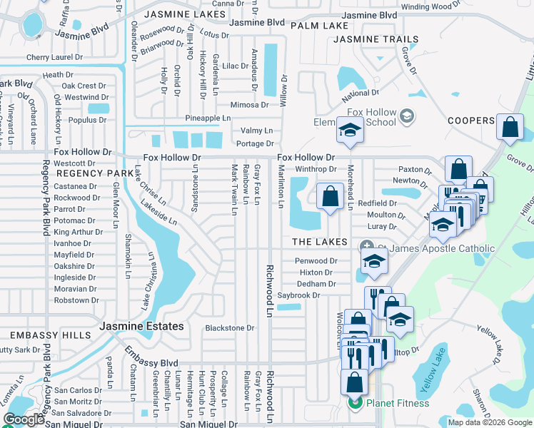 map of restaurants, bars, coffee shops, grocery stores, and more near 9739 Richwood Lane in Port Richey