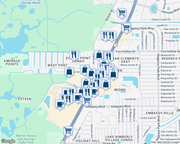 map of restaurants, bars, coffee shops, grocery stores, and more near 9735 Lehigh Drive in Port Richey