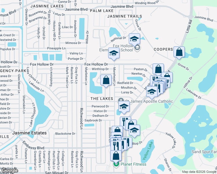 map of restaurants, bars, coffee shops, grocery stores, and more near 9737 Rainelle Lane in Port Richey