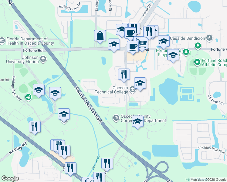 map of restaurants, bars, coffee shops, grocery stores, and more near 802 Country Crossing Court in Kissimmee