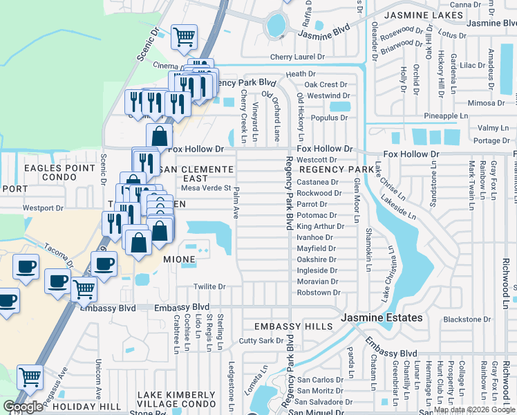 map of restaurants, bars, coffee shops, grocery stores, and more near 7030 Parrot Drive in Port Richey