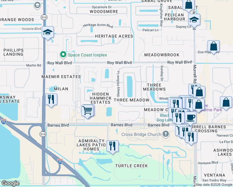 map of restaurants, bars, coffee shops, grocery stores, and more near 1249 Sleepy Hollow Ln in Rockledge