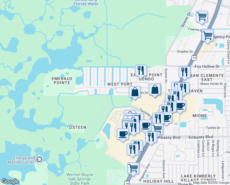 map of restaurants, bars, coffee shops, grocery stores, and more near 6032 Westport Drive in Port Richey