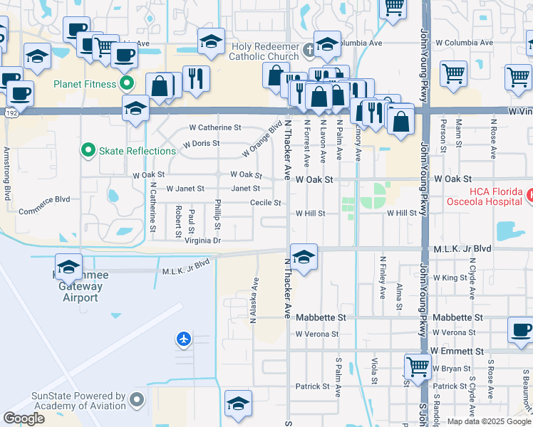 map of restaurants, bars, coffee shops, grocery stores, and more near 2045 Boca Palms Circle in Kissimmee