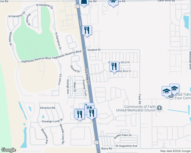 map of restaurants, bars, coffee shops, grocery stores, and more near 111 Seminole Ridge Lane in Davenport