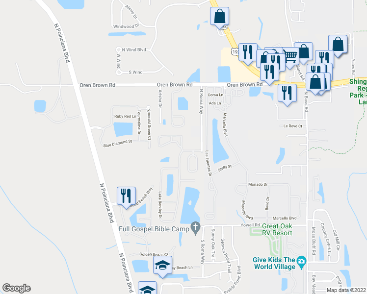 map of restaurants, bars, coffee shops, grocery stores, and more near 1001 Park Ridge Circle in Kissimmee