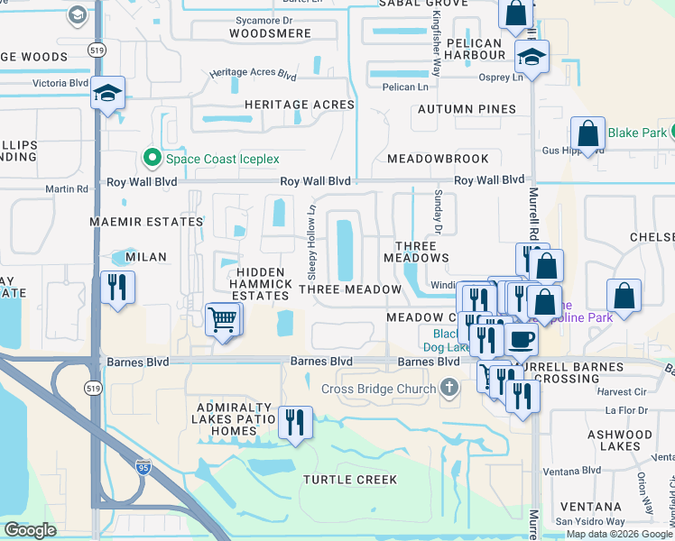 map of restaurants, bars, coffee shops, grocery stores, and more near 1226 Sugar Creek Lane in Rockledge