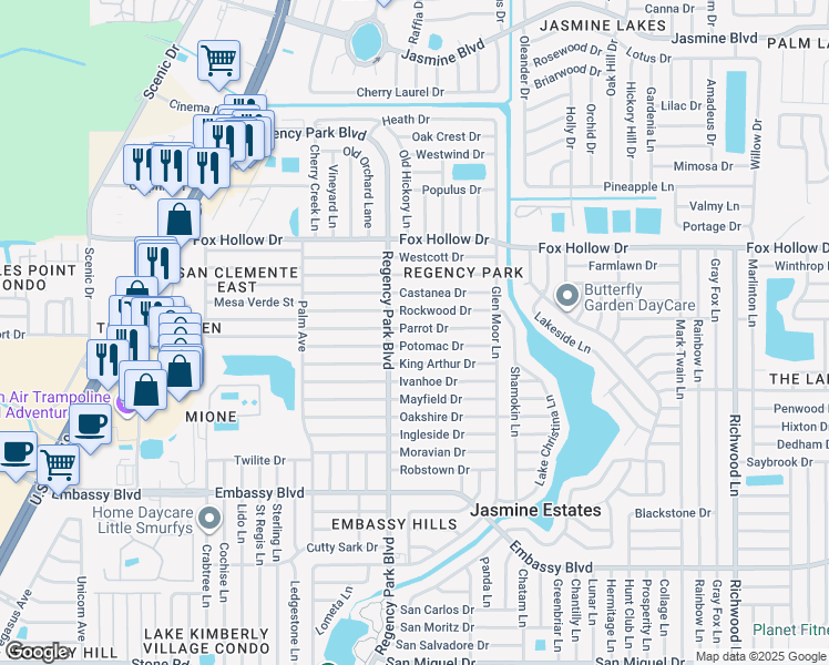 map of restaurants, bars, coffee shops, grocery stores, and more near 7220 Parrot Drive in Port Richey