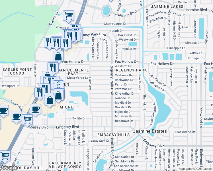 map of restaurants, bars, coffee shops, grocery stores, and more near 7130 Parrot Drive in Port Richey
