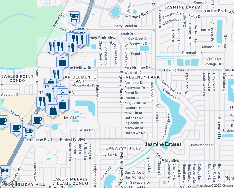 map of restaurants, bars, coffee shops, grocery stores, and more near 7130 Parrot Drive in Port Richey