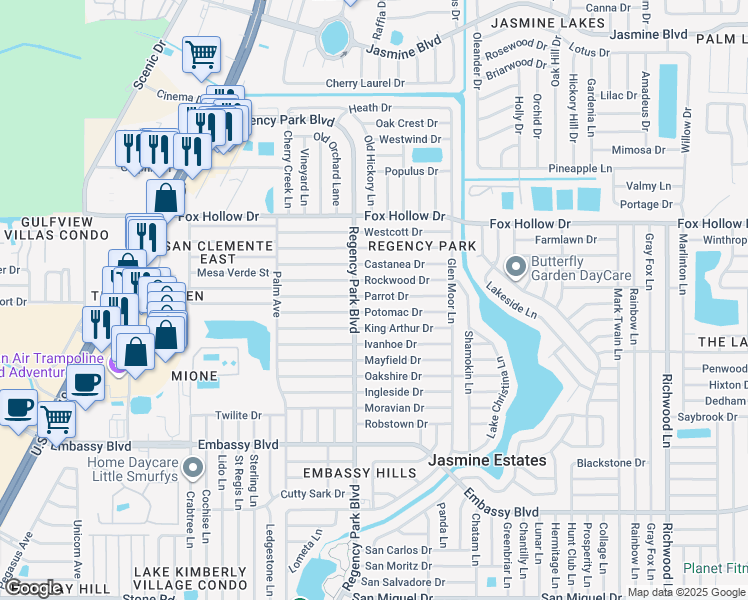 map of restaurants, bars, coffee shops, grocery stores, and more near 7220 Parrot Drive in Port Richey